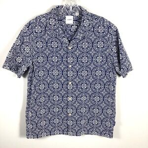 ROWM Men's Blue White Embroidered Medallion Camp Shirt Size M Short Sleeve Beach